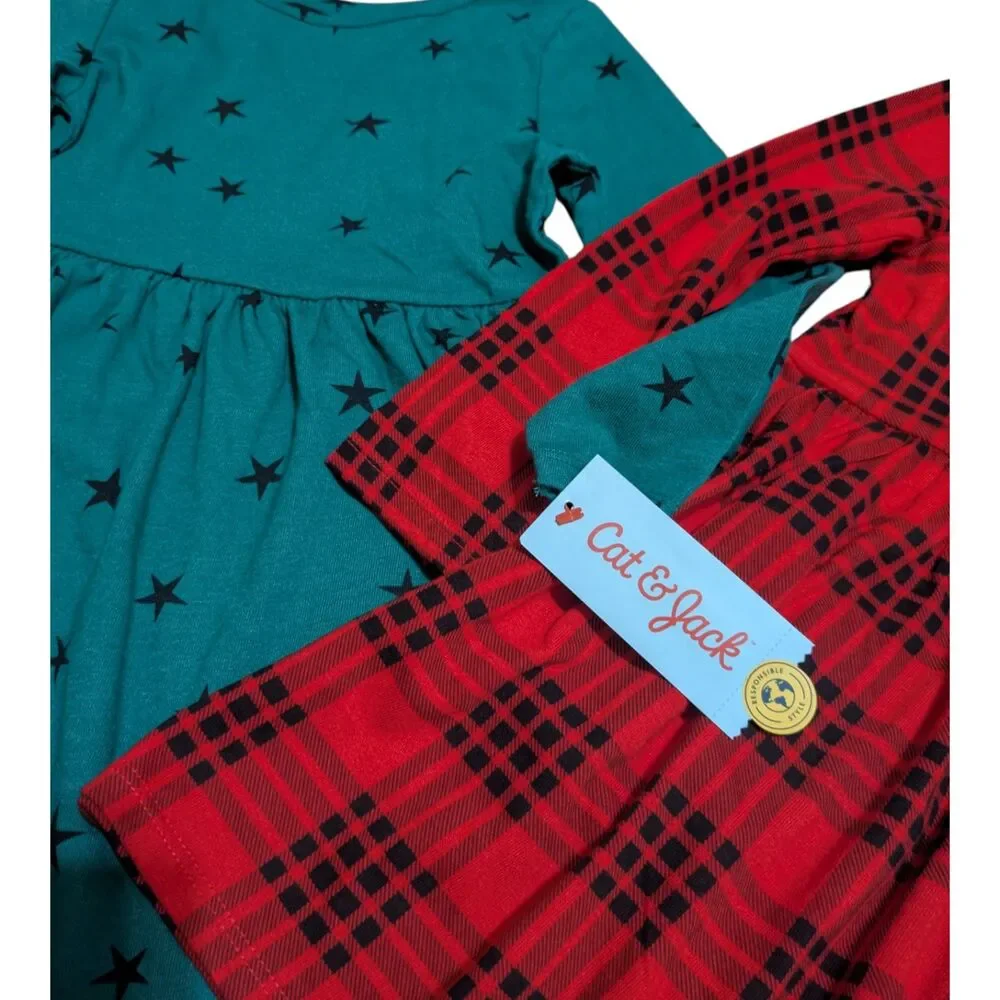 Cat & Jack Toddler Girls Dress Bundle Size 4T Red Plaid & Teal Star Long Sleeve